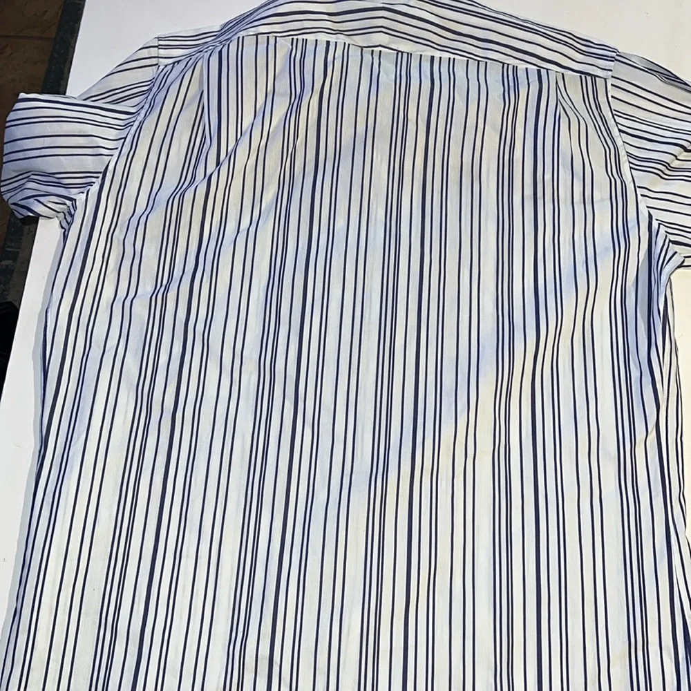 Hermés made in France men’s 43/17 button long sleeve shirt blue and white stripe - Picture 12 of 13